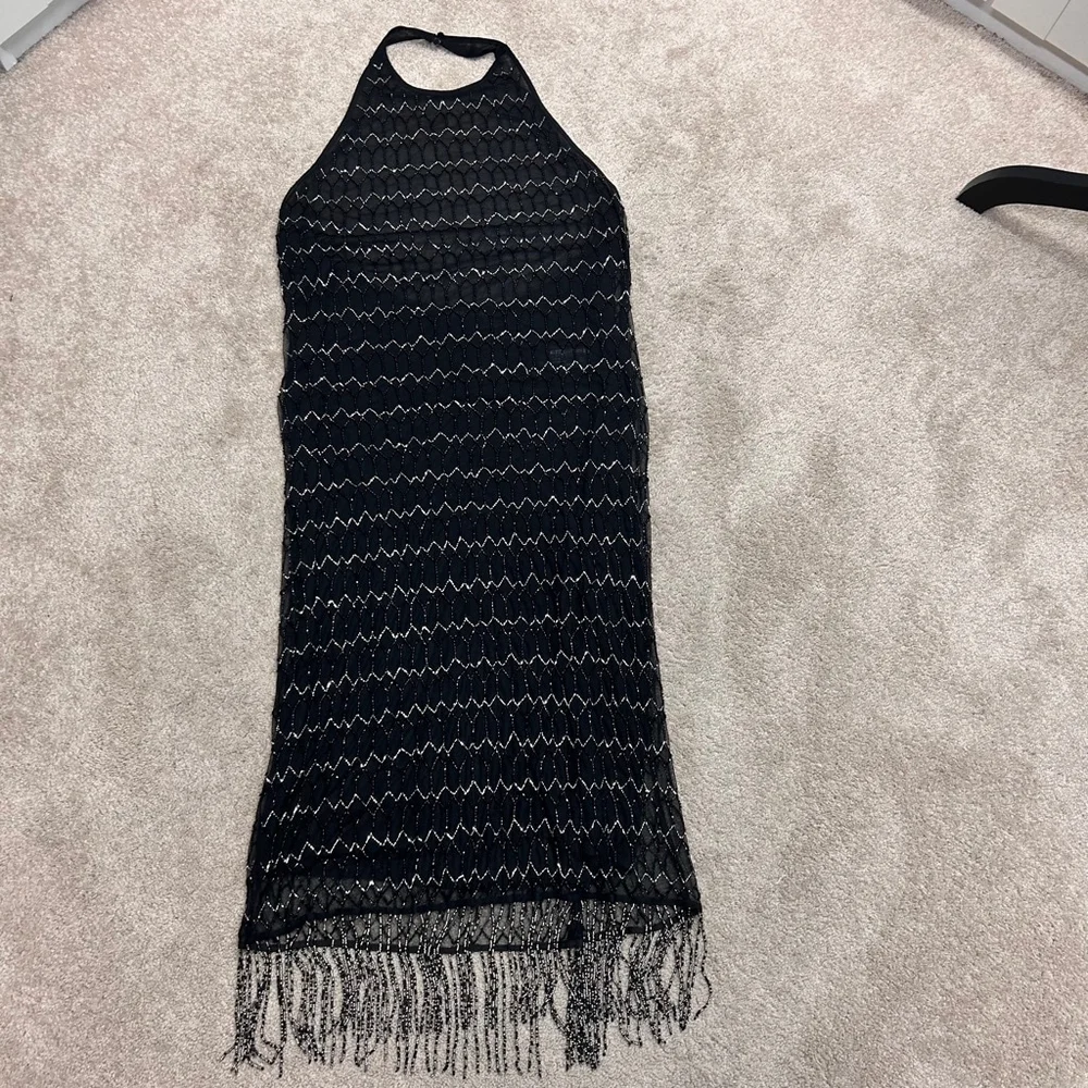 Zara Festive days limited collection black silver beaded fringe midi dress L NWT - Picture 7 of 13